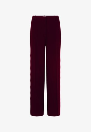 Pantalons larges bordeaux en tissu à texture lisse, dotés d'une taille haute, de plis sur le devant et d'un système de fermeture dissimulé pour un look soigné.