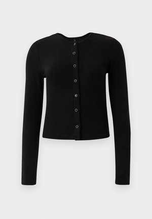 Black ribbed long-sleeve cardigan with a round neckline and central button closure, featuring metallic buttons and a fitted silhouette.