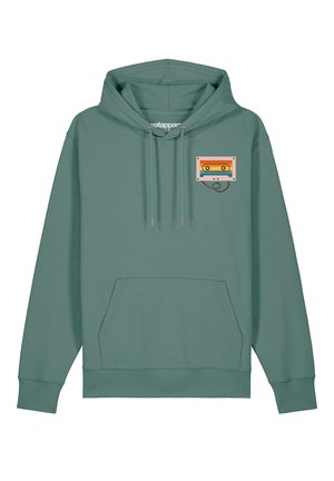 Groene hoodie van katoen, met een voorzak. De graphics op de borst tonen een kleurrijk cassettebandje ontwerp.