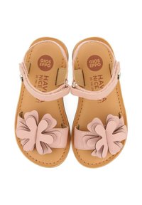 Roze sandalen met leren bloemenaccenten, verstelbare riem en gestructureerde bruine binnenzool. Lichtgewicht constructie, geschikt voor casual gebruik.