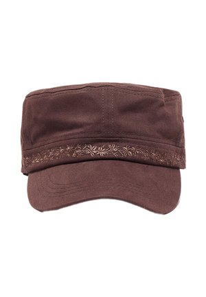 Hnedá vojenská čiapka s mierne zahnutým šiltom a vyšívaným kvetinovým vzorom pozdĺž predného pásika.