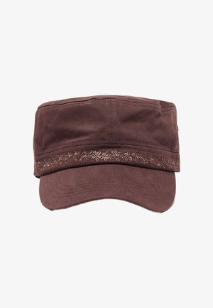 Braune Militärmütze mit gebogenem Schirm und gesticktem Blumenmuster entlang des vorderen Bands.