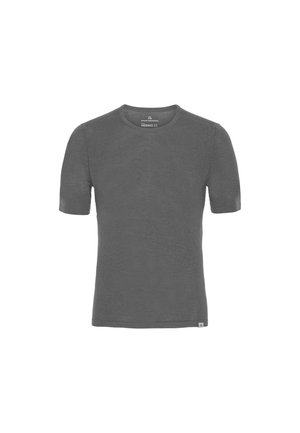 Szara koszulka z krótkim rękawem wykonana z miękkiego materiału, z okrągłym dekoltem i metką na dolnej prawej stronie.