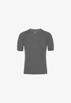 Szara koszulka z krótkim rękawem wykonana z miękkiego materiału, z okrągłym dekoltem i metką na dolnej prawej stronie.