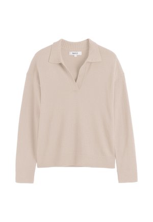 Beige gebreide trui met een kraag, drop shoulders en geribbelde manchetten. Zachte textuur en relaxed fit.