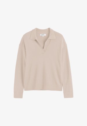 Beige gebreide trui met een kraag, drop shoulders en geribbelde manchetten. Zachte textuur en relaxed fit.