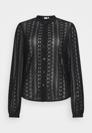 Zwarte kanten knoopsluiting overhemd met een hoge kraag, lange mouwen en ingewikkelde patronen, met knopen aan de voorkant en gebreide stof.