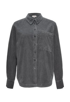 Szary koszula z guzikami wykonana z miękkiego materiału, z kołnierzykiem, długimi rękawami i jedną kieszenią na piersi. Klasyczny design z delikatną teksturą.