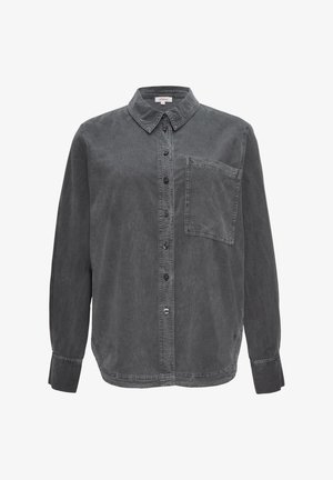 Szary koszula z guzikami wykonana z miękkiego materiału, z kołnierzykiem, długimi rękawami i jedną kieszenią na piersi. Klasyczny design z delikatną teksturą.