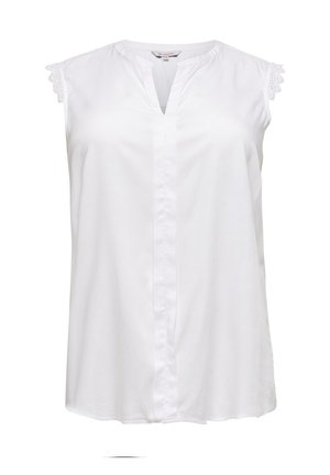 Witte mouwloze blouse met V-hals en kanten rand bij de schouderranden, gemaakt van gladde stof met een detail van een voorste naad.