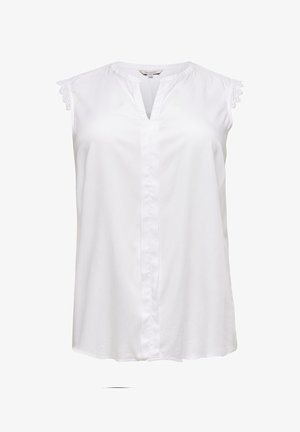Witte mouwloze blouse met V-hals en kanten rand bij de schouderranden, gemaakt van gladde stof met een detail van een voorste naad.