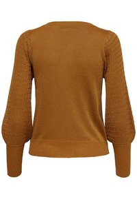 Sweter w kolorze rdzy z dzianiny, z teksturowanymi rękawami balonowymi i ściągaczem na dole. Wykonany z lekko połyskującego materiału, o prostym, klasycznym designie.