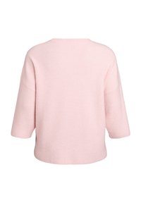 Pink, ribbed sweater with short sleeves and a round neckline. The fabric appears soft with a textured finish. Back view shows a relaxed fit.