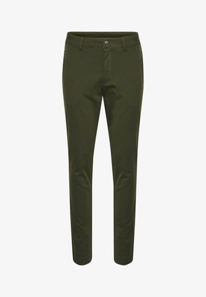 Olive green slim-fit pants made of textured fabric, featuring a classic button closure, zip fly, and two front pockets.