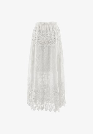 Witte midirok met elastische tailleband, bloemige kanten afwerking en een ingewikkeld doorzichtig borduurpatroon over de hele stof.
