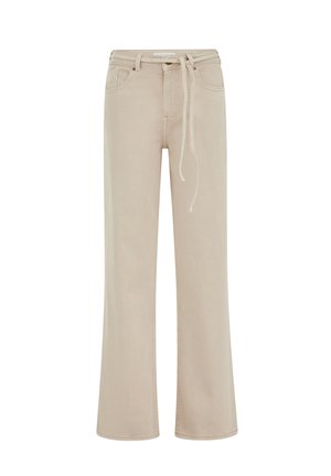 Béžové nohavice s širokými nohavicami vyrobené z bavlny, s pásom na sťahovanie na šnúrku, dvoma vreckami vpredu a jemnými švíkmi.