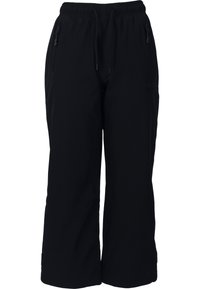 Svarta, vida byxor med elastisk midja och dragsko. Har två fickor med dragkedja och ett slätt, lätt tyg.