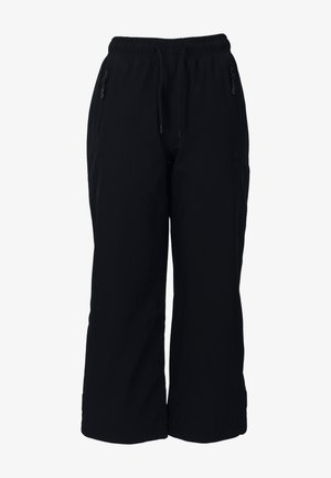 Svarta, vida byxor med elastisk midja och dragsko. Har två fickor med dragkedja och ett slätt, lätt tyg.