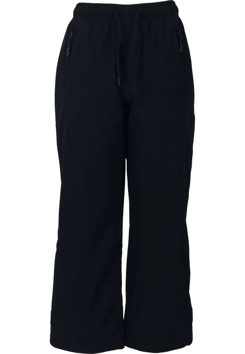 Svarta, vida byxor med elastisk midja och dragsko. Har två fickor med dragkedja och ett slätt, lätt tyg.