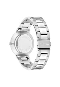 Silberner Edelstahlarmbanduhr mit polierter und gebürsteter Oberfläche, großem runden Gehäuse, Gliederarmband und einer runden, glatten Rückseite.