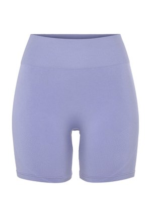 Purple athletic shorts with a ribbed high waistband, fitted design, textured fabric, and seamless construction for comfort and flexibility.