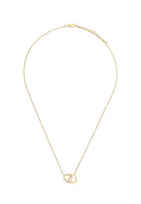 Złoty naszyjnik z łańcuszka z przeplatanymi geometrycznymi ogniwami, z jednym zestawem osadzonych przejrzystych cyrkonii, prezentujący gładką teksturę i staranne wykończenie.