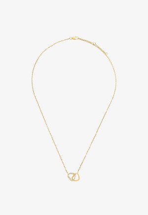 Złoty naszyjnik z łańcuszka z przeplatanymi geometrycznymi ogniwami, z jednym zestawem osadzonych przejrzystych cyrkonii, prezentujący gładką teksturę i staranne wykończenie.