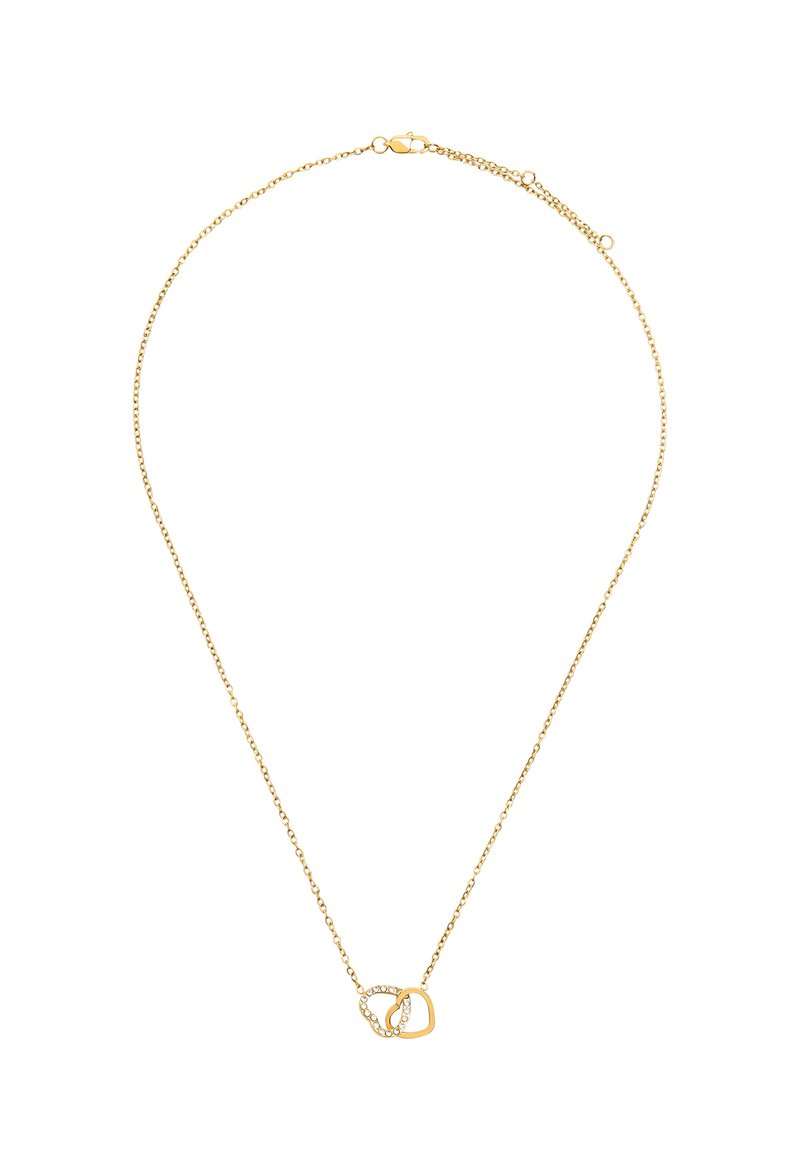 Złoty naszyjnik z łańcuszka z przeplatanymi geometrycznymi ogniwami, z jednym zestawem osadzonych przejrzystych cyrkonii, prezentujący gładką teksturę i staranne wykończenie.