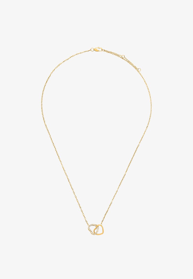 Złoty naszyjnik z łańcuszka z przeplatanymi geometrycznymi ogniwami, z jednym zestawem osadzonych przejrzystych cyrkonii, prezentujący gładką teksturę i staranne wykończenie.