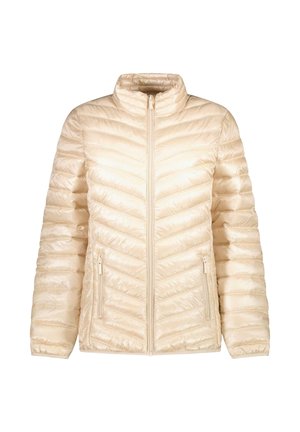 Beige donsjas met een opstaande kraag, ritssluiting aan de voorkant en twee zijzakken. Voorzien van een doorgestikt chevronpatroon en een glanzende afwerking.