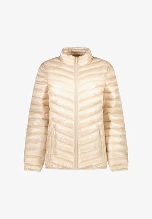 Beige donsjas met een opstaande kraag, ritssluiting aan de voorkant en twee zijzakken. Voorzien van een doorgestikt chevronpatroon en een glanzende afwerking.