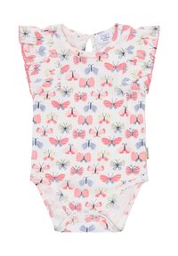 Body in cotone con sfondo bianco caratterizzato da una stampa di farfalle in rosa, blu e giallo. Maniche arricciate e chiusura a pressione sul fondo.