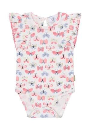 Body in cotone con sfondo bianco caratterizzato da una stampa di farfalle in rosa, blu e giallo. Maniche arricciate e chiusura a pressione sul fondo.