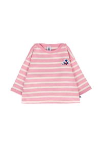 Maglia a maniche lunghe a righe in rosa e crema, con un design floreale ricamato. Collo rotondo con chiusure a pressione sulle spalle.