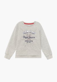 Hellgrauer Langarm-Sweatshirt mit dem Aufdruck "Denim Brand Pepe Jeans Genuine Feeling Est. 1973" und einem Strahlenmuster auf der Vorderseite.