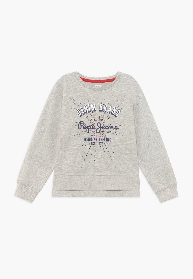 Hellgrauer Langarm-Sweatshirt mit dem Aufdruck "Denim Brand Pepe Jeans Genuine Feeling Est. 1973" und einem Strahlenmuster auf der Vorderseite.