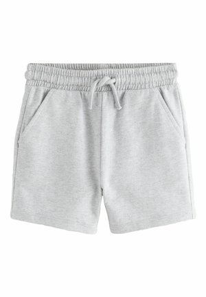 Hellgraue Baumwollshorts mit elastischem Bund, Kordelzug und zwei Seitentaschen. Glatte Textur und eine Länge über dem Knie.