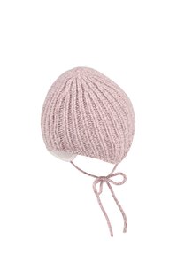 Knitted pale pink baby bonnet with ribbed pattern and ties fastened in a bow under the chin.