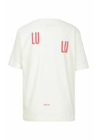 Weißes Baumwoll-T-Shirt mit drei pinken "LU"-Logos auf dem Rücken und einem kleineren pinken "REPLAY"-Label am unteren Rand. Runder Halsausschnitt, kurze Ärmel.