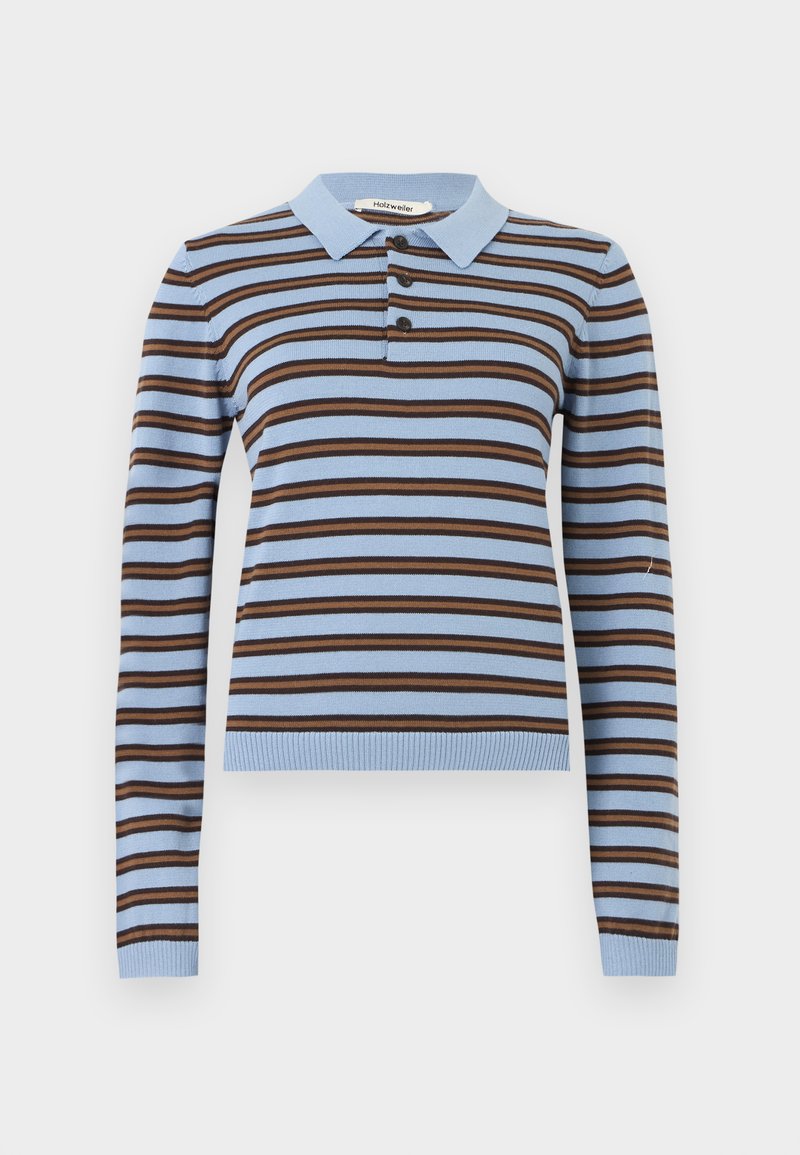 Hellblaues und braunes, horizontal gestreiftes Langarm-Poloshirt mit drei dunklen Knöpfen sowie gerippten Bündchen an Ärmeln und Saum.