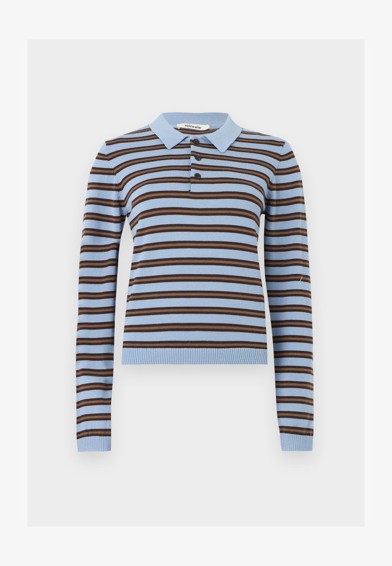 Hellblaues und braunes, horizontal gestreiftes Langarm-Poloshirt mit drei dunklen Knöpfen sowie gerippten Bündchen an Ärmeln und Saum.