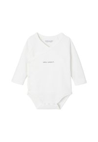 Weißer Baby-Bodysuit mit langen Ärmeln, seitlichen Druckknöpfen und dem aufgedruckten Text "avec amour" auf der Brust, Größe 3 Monate, 60 cm.