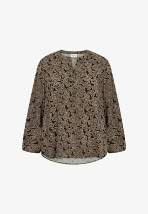 Fekete, hosszú ujjú blúz, bézs és világosbarna paisley mintával. V-kivágású, laza szabással és enyhén ívelt aljjal.