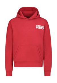 Roter Kapuzenpullover mit Kängurutasche. Auf der Vorderseite steht in weißer Schrift „CHRISTMAS PARTY“. Hergestellt aus weichem, strukturiertem Stoff.
