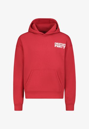 Red hoodie with a kangaroo pocket. Features white text "CHRISTMAS PARTY" on the front. Made of soft, textured fabric.