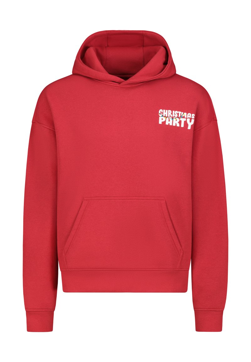 Roter Kapuzenpullover mit Kängurutasche. Auf der Vorderseite steht in weißer Schrift „CHRISTMAS PARTY“. Hergestellt aus weichem, strukturiertem Stoff.
