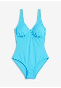 Maillot de bain une pièce bleu vif avec un décolleté arrondi, des bretelles réglables et un subtil drapé sous la poitrine. Tissu doux.
