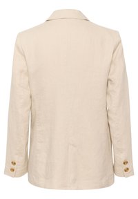 Beige liinablazer, jossa on lovellinen kaulus, yksittäinen halkio takana ja kultaiset napit hihansuissa.
