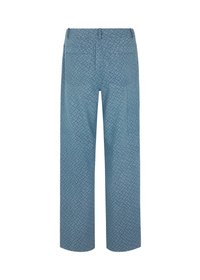 Light blue trousers with a repeating geometric pattern. Made from a textured material, featuring a straight leg design and back pockets.