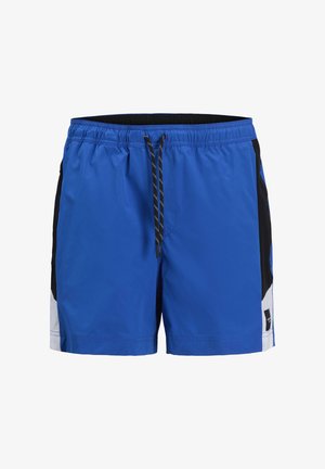 Blå svøm shorts med elastisk talje, sorte sidepaneler, hvide detaljer og snor. Lavet af letvægtsstof.